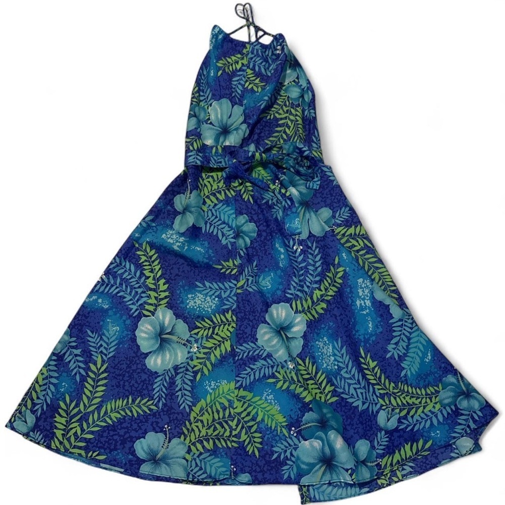 Vintage Hukilau Fashions Hawaii Blue Hibiscus Wrap Halter Maxi Dress S/M